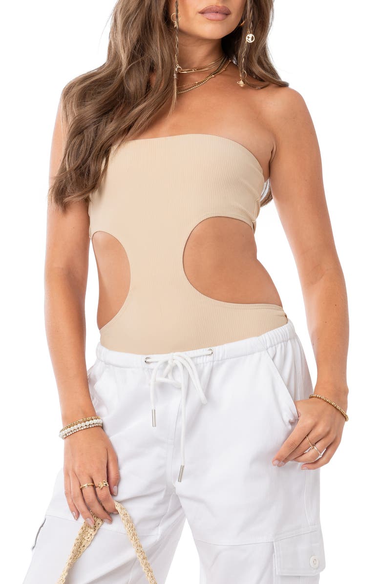 EDIKTED Vivie Rib Strapless Cutout Bodysuit, Main, color, Beige