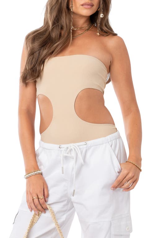 EDIKTED Vivie Rib Strapless Cutout Bodysuit in Beige at Nordstrom, Size Medium