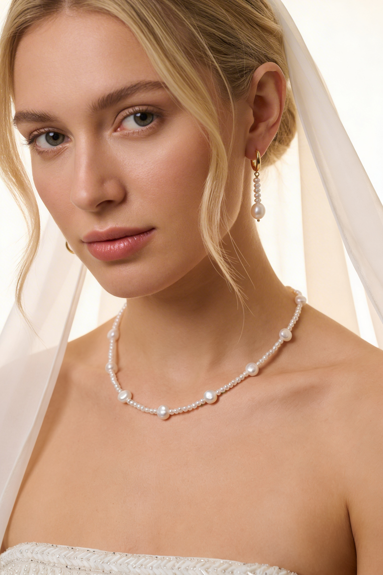 AAA Freshwater Pearl Strand Necklace & Pearl Drop Hoop Earring Set, Alternate, color, Metallic Gold