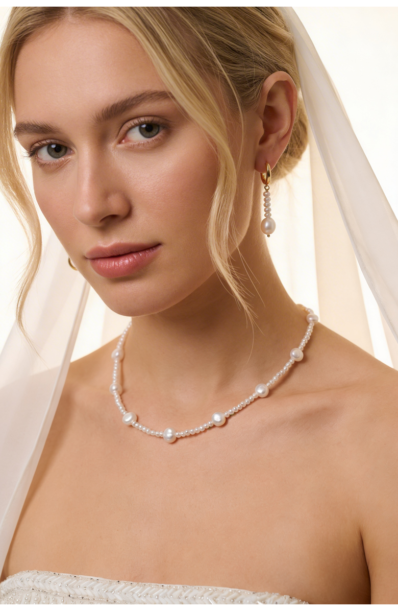 Joey Baby AAA Freshwater Pearl Strand Necklace & Pearl Drop Hoop Earring Set, Alternate, color, Metallic Gold