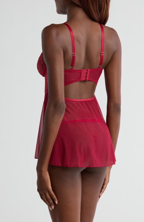 Coquette Floral Lace Babydoll Chemise & Thong Set In Red