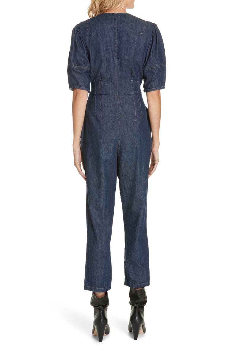 Puff Sleeve Denim Jumpsuit, Alternate, color, RINSE WASH