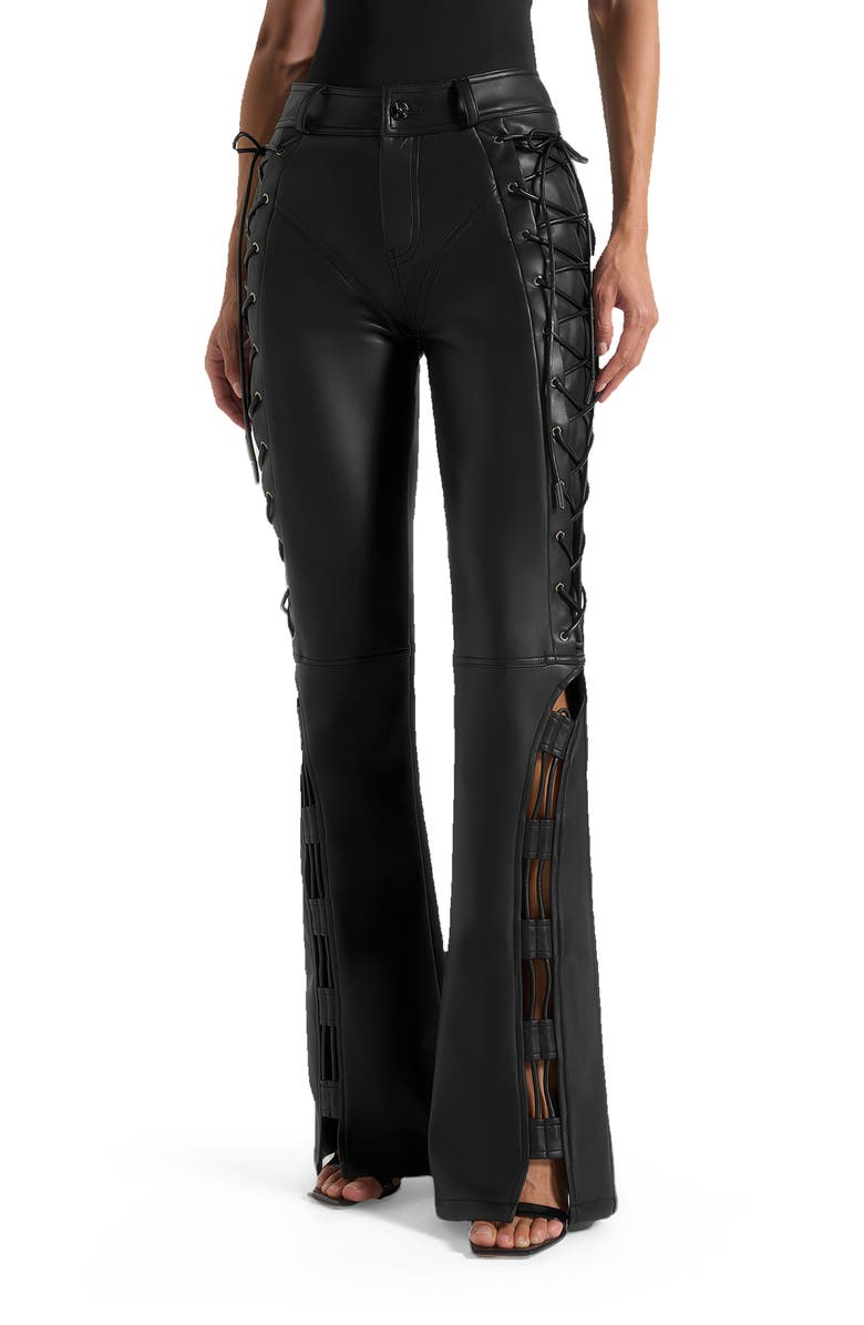 Manière De Voir Ambre Leather Lace Up Flared Trousers, Main, color, Black