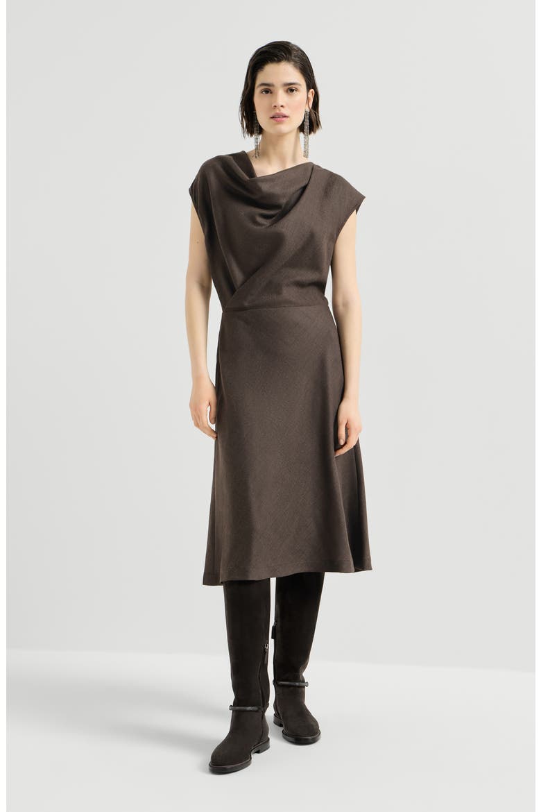 Virgin wool diagonal flannel wrap-effect dress with monili, Alternate, color, Pine Cone Brown