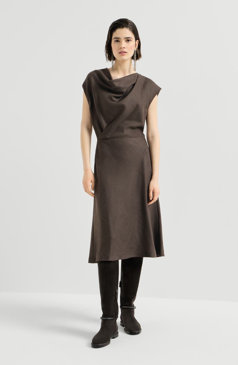 Brunello Cucinelli Virgin wool diagonal flannel wrap-effect dress with monili, Alternate, color, Pine Cone Brown