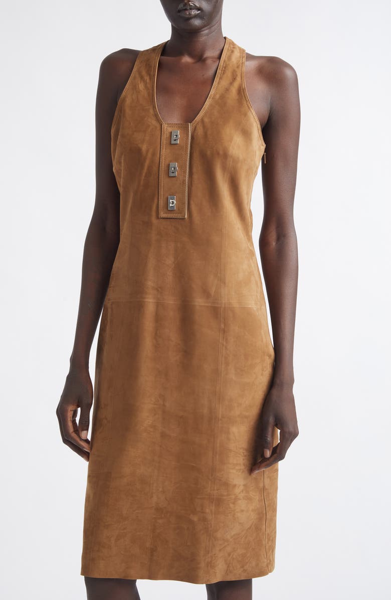 FERRAGAMO Racerback Nubuck Dress, Alternate, color, Clay Chiaro Noce