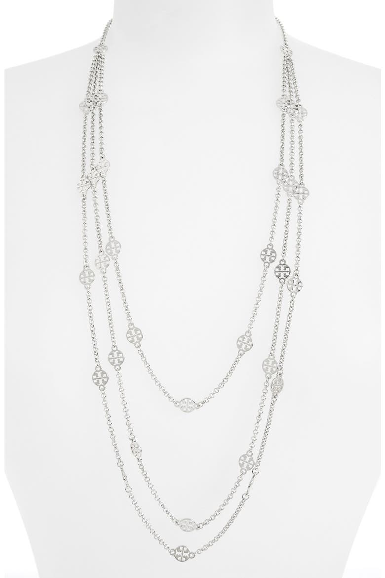 Long Multistrand Logo Station Necklace, Main, color, TORY SILVER