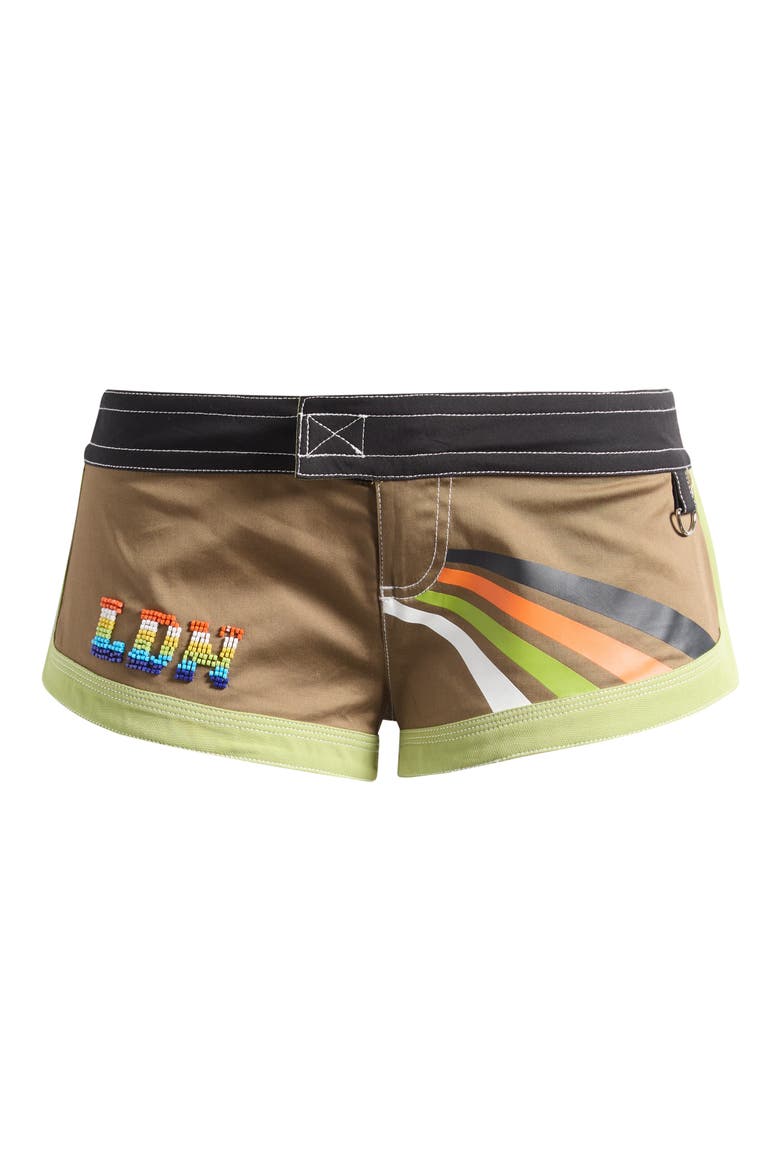 LDN Beaded Micro Board Shorts, Main, color, BROWN