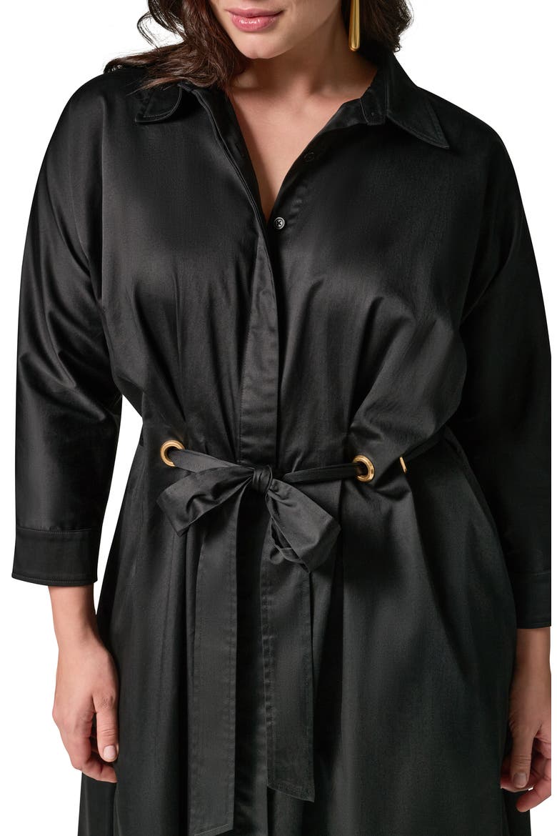 Drawstring Waist Stretch Midi Shirtdress, Alternate, color, BLACK