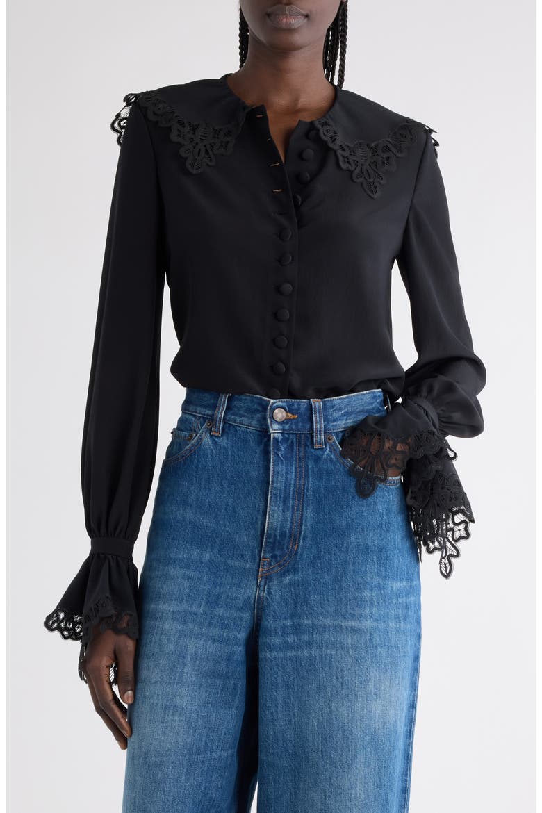 Guipure Lace Organic Silk Button-Up Top, Main, color, BLACK