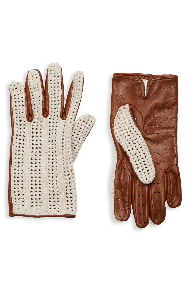 Eleventy Crochet & Sheepskin Leather Driving Gloves, Main, color, Ivory And Camel