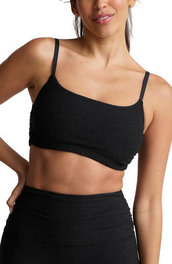 Beyond Yoga Space Dye Raise The Barre Shirred Sports Bra In Black