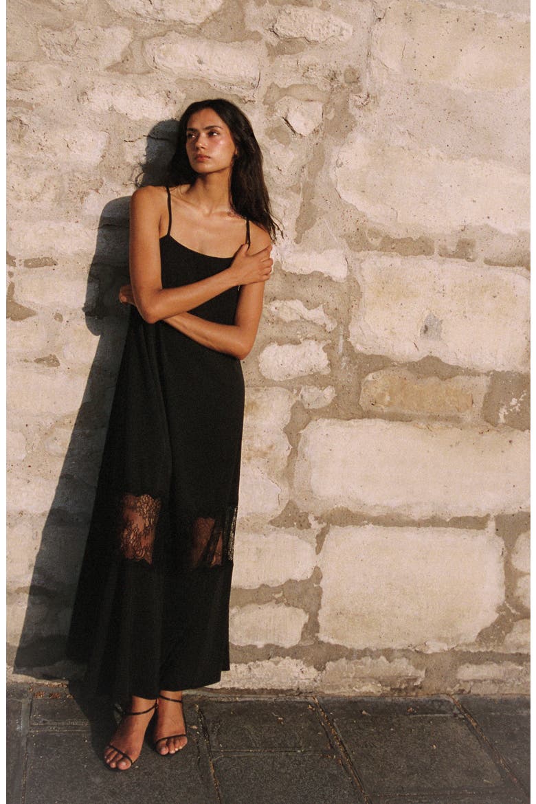 Quinn Crepe Lace Maxi Dress, Alternate, color, 01-BLACK