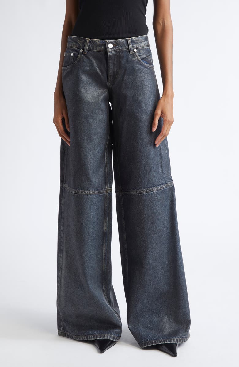 Stella McCartney Waxed Organic Cotton Denim Wide Leg Jeans, Main, color, Aged Blue