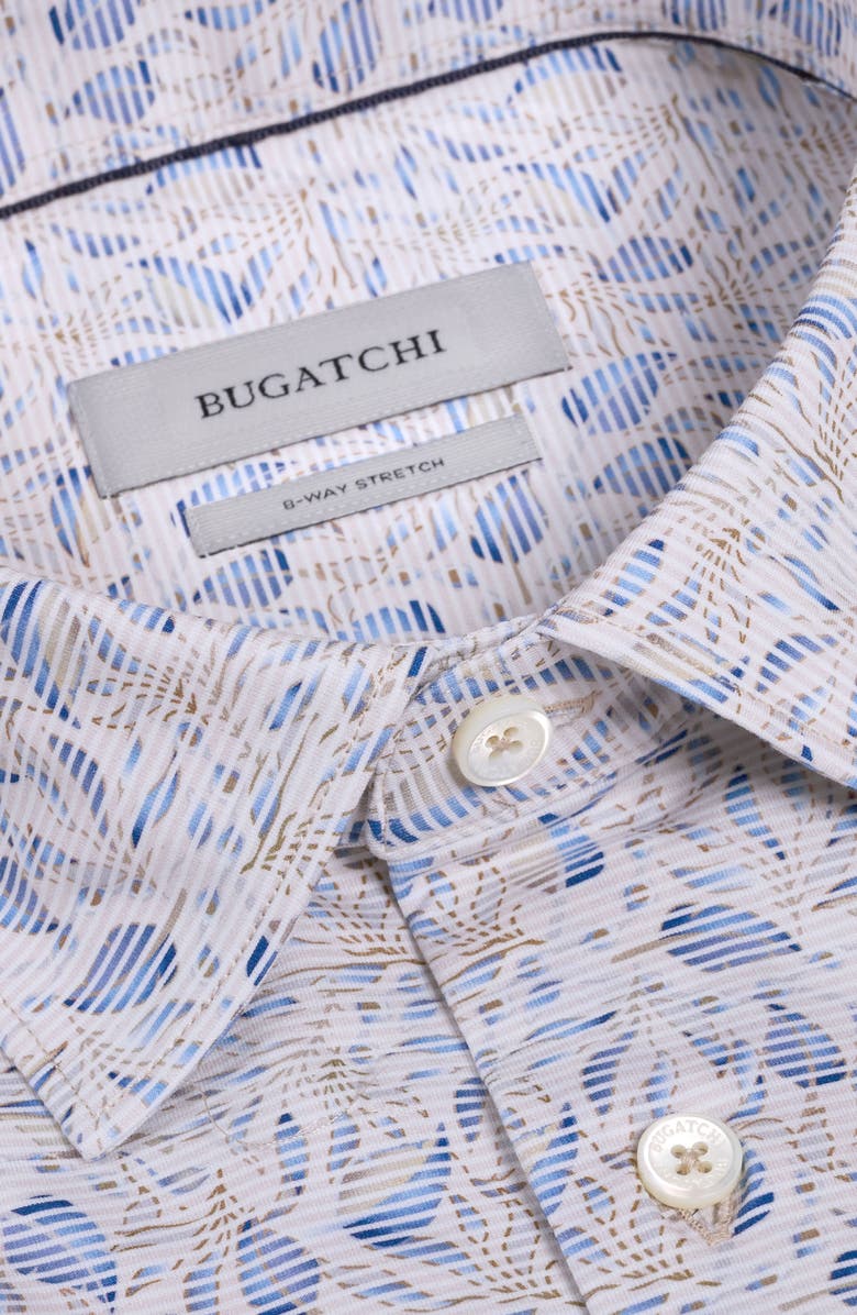 Bugatchi Miles OoohCotton<sup>®</sup> Stripe Leaf Print Short Sleeve Button-Up Shirt, Alternate, color, Sand