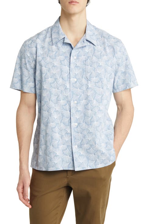 Leaf Print Stretch Seersucker Short Sleeve Button-Up Shirt