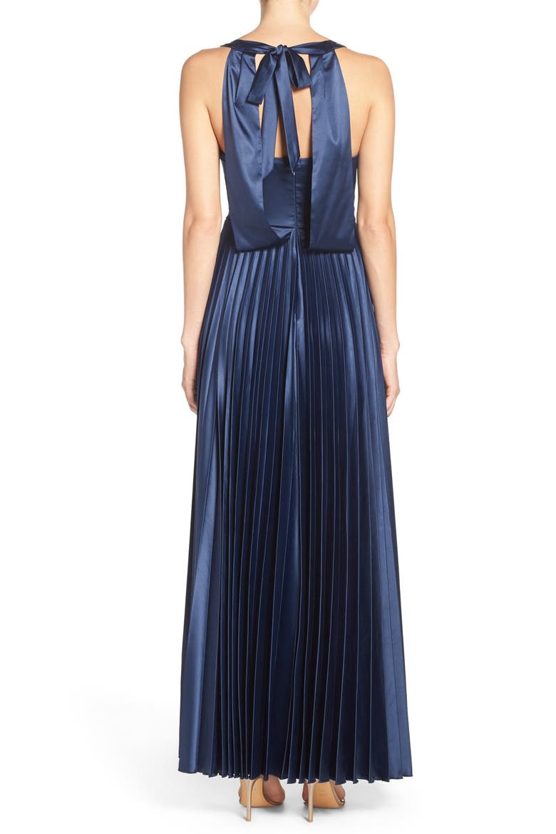 Bow Back Pleat Satin Gown, Alternate, color, NAVY