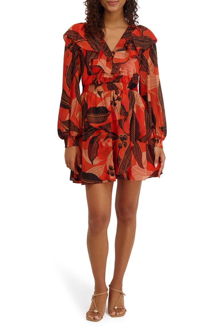 Ruffle Long Sleeve Minidress, Main, color, ORANGE MULTI