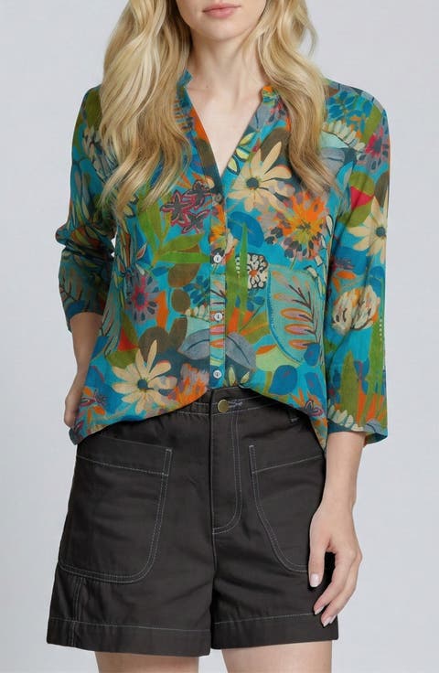 Mixed Stripe Mandarin Collar Button-Up Shirt