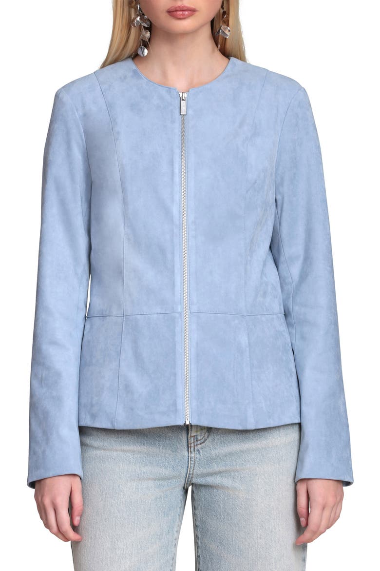 Peplum Faux Suede Jacket, Alternate, color, DUSTY BLUE