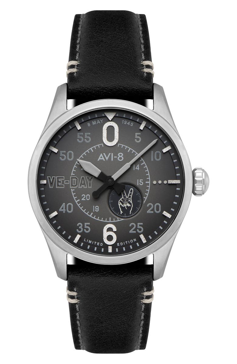 AVI-8 Spitfire Type 300 Automatic VE-Day 80th Anniversary Limited Edition Leather Strap Watch, 41mm, Main, color, Black