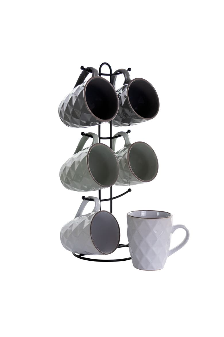 Diamond Waves 6-Piece 12 oz. Mug Set with Stand, Main, color, White