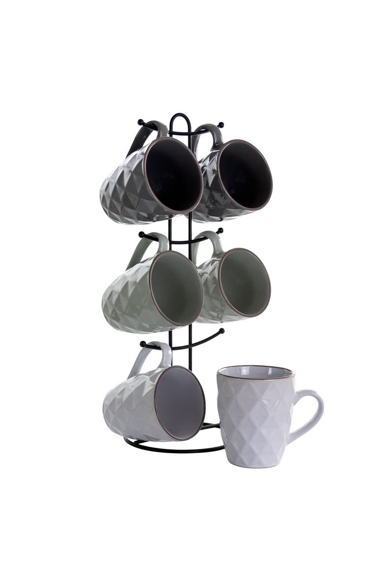 Elama Diamond Waves 6-Piece 12 oz. Mug Set with Stand, Main, color, White