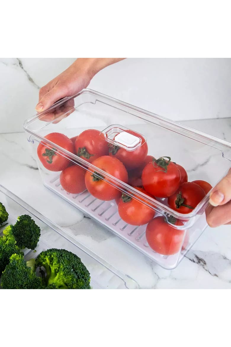 Clear Stackable Fridge Organizer Bin with Drain Tray and Vented Lid, 5 Pack, Alternate, color, Clear with White Drainer