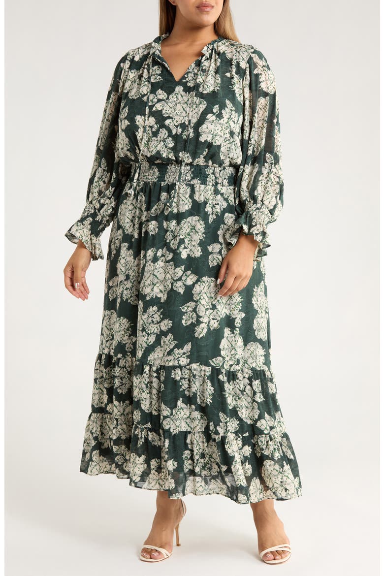 Smocked Waist Long Sleeve Maxi Dress, Main, color, FOREST NIGHT