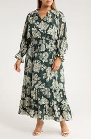 Vince Camuto Smocked Waist Long Sleeve Maxi Dress