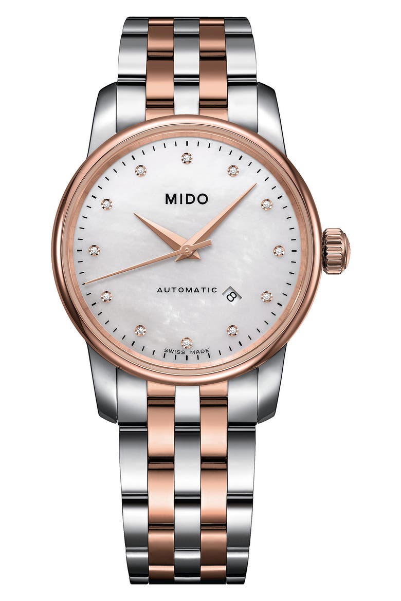 Baroncelli Diamond Bracelet Watch, 29mm, Main, color, SILVER/ MOP/ ROSE GOLD