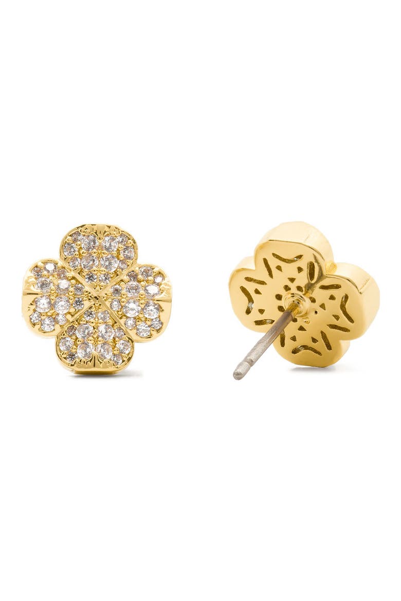 pavé flower stud earrings, Alternate, color, CLEAR/ GOLD