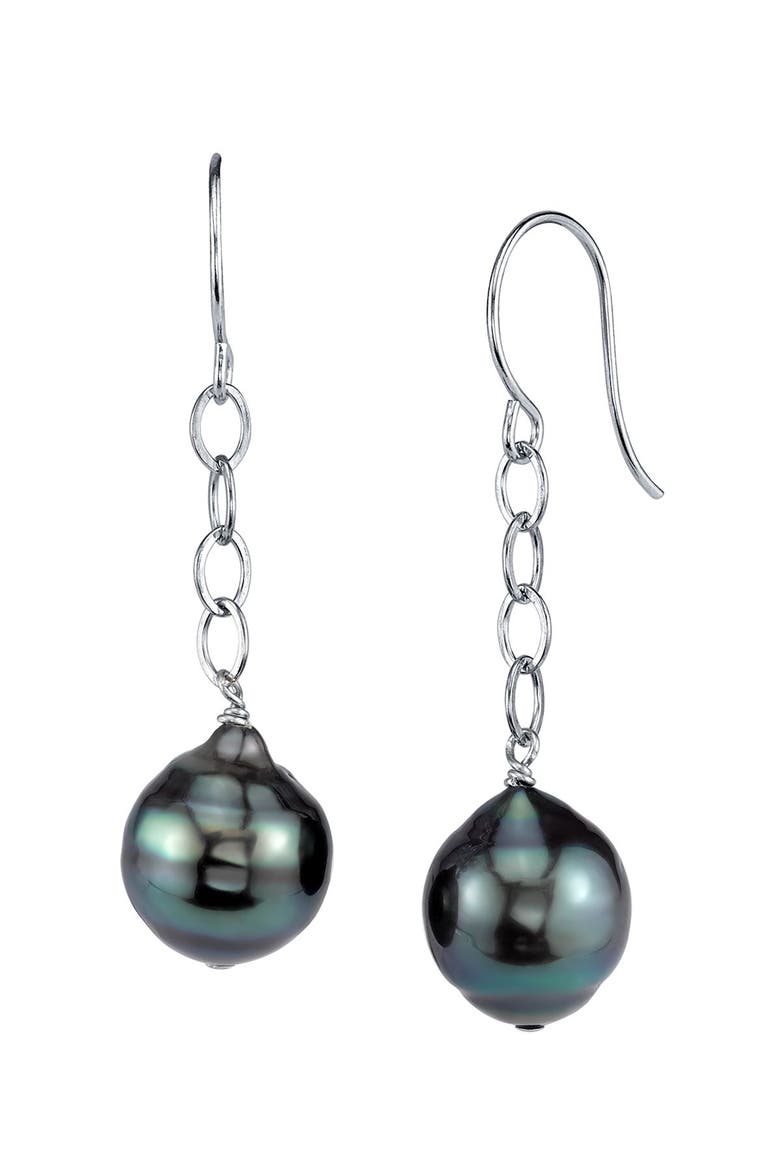 Tahitian South Sea Baroque Pearl Dangling Tincup Earrings, Main, color, Sterling Silver
