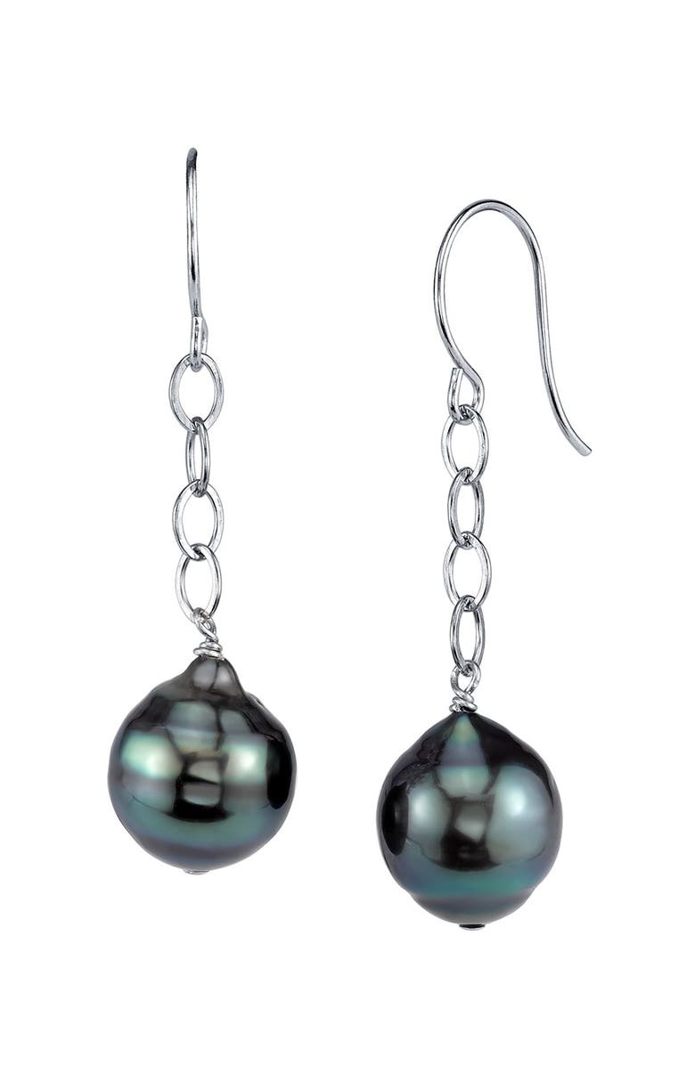 The Pearl Source Tahitian South Sea Baroque Pearl Dangling Tincup Earrings, Main, color, Sterling Silver
