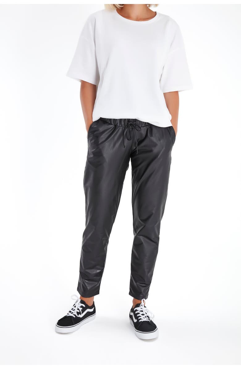 Accouchée Comfy Cool Foldover Waistband Faux Leather Jogger Pants, Alternate, color, Black