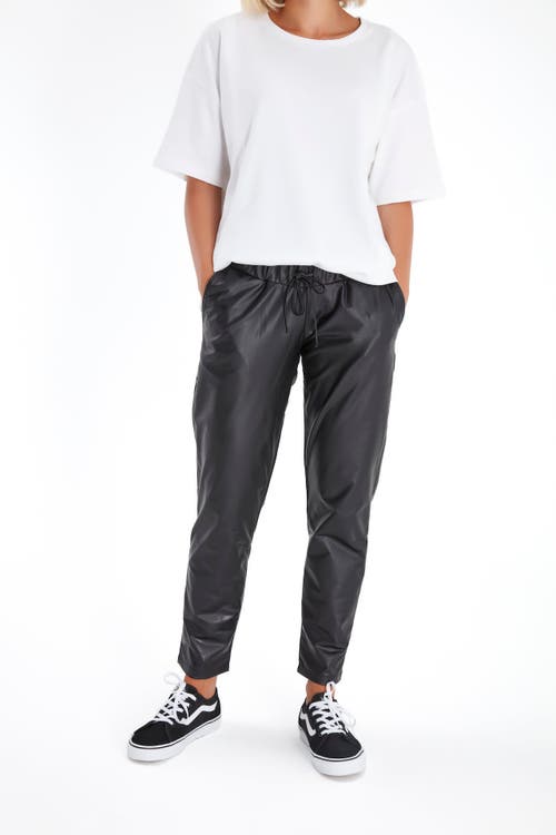 Accouchée Comfy Cool Foldover Waistband Faux Leather Jogger Pants In Black