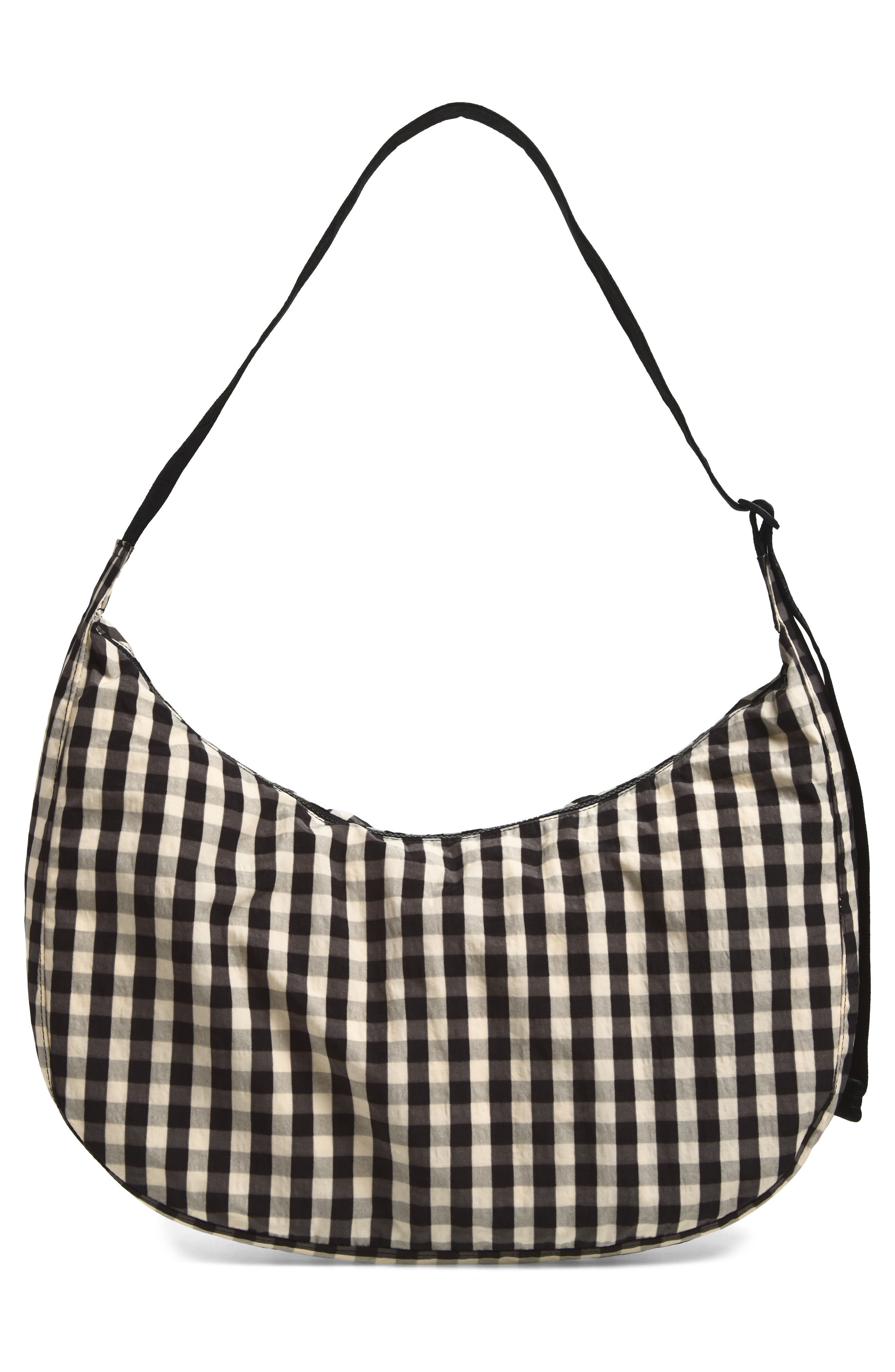 Large Recycled Nylon Crescent Crossbody Bag, Alternate, color, BLACK AND CREAM GINGHAM