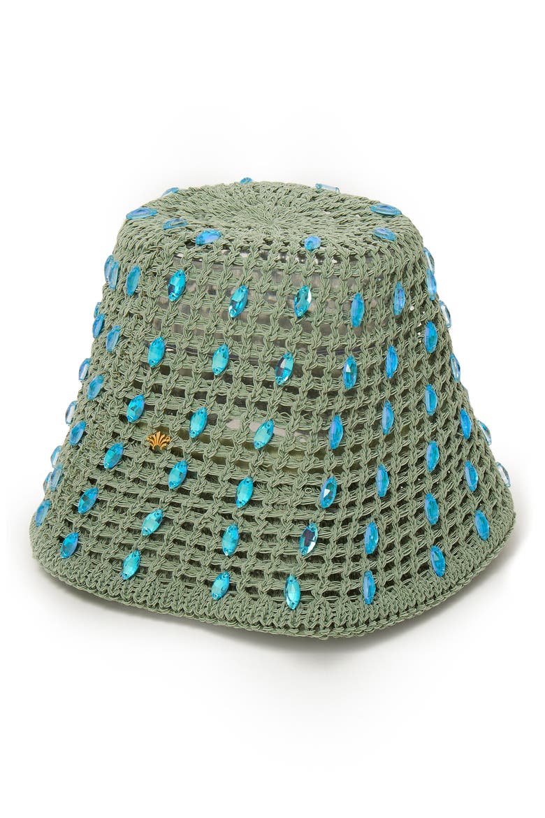 Maya Open Weave Crystal Embellished Bucket Hat, Main, color, HIGH TIDE