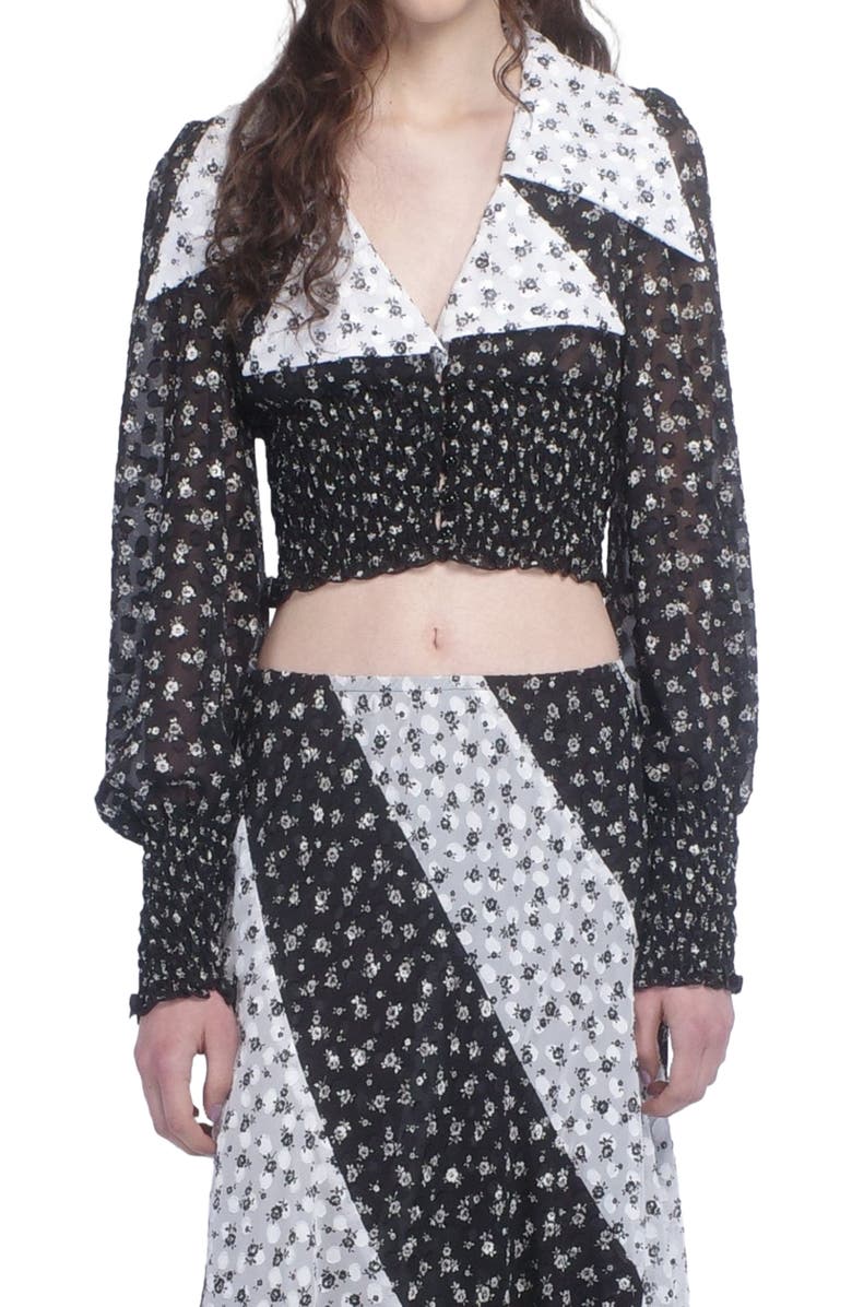 Anna Sui Ditsy Dot Chiffon Collared Smocked Top, Main, color, Black/White Multi