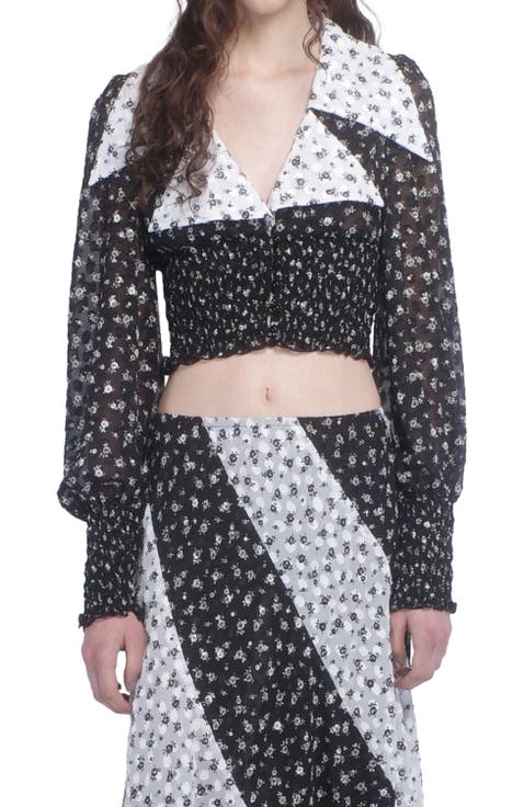 Ditsy Dot Chiffon Collared Smocked Top