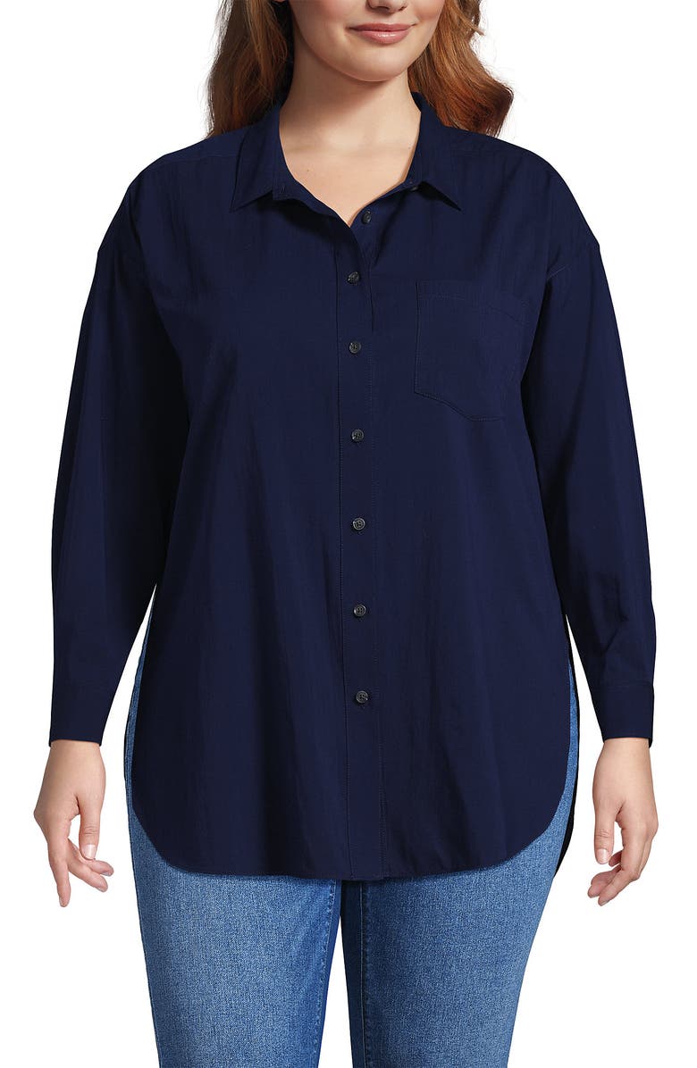 Lands' End Plus Size Cotton Voile Billowy Oversized Shirt, Alternate, color, Deep Sea Navy