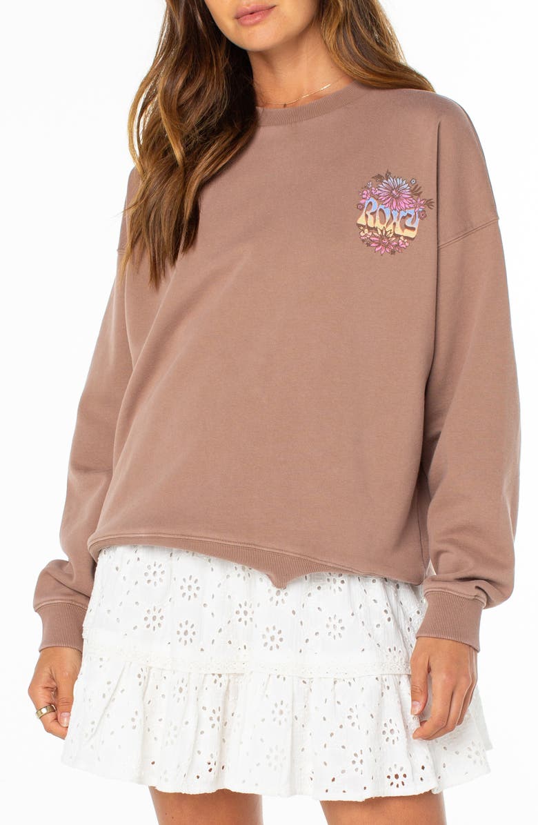 Roxy Lineup Oversize Cotton Blend Graphic Sweatshirt, Main, color, Brownie