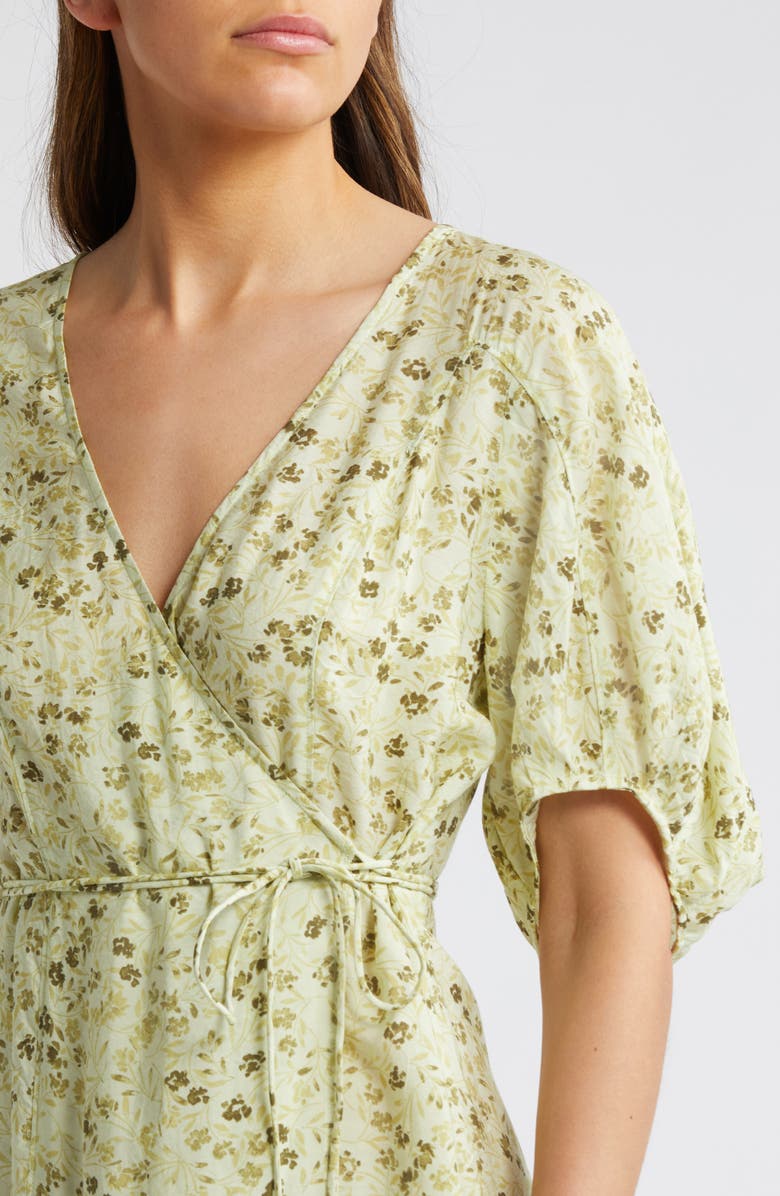 Madewell Floral Puff Sleeve Wrap Front Dress, Alternate, color, Honeydew