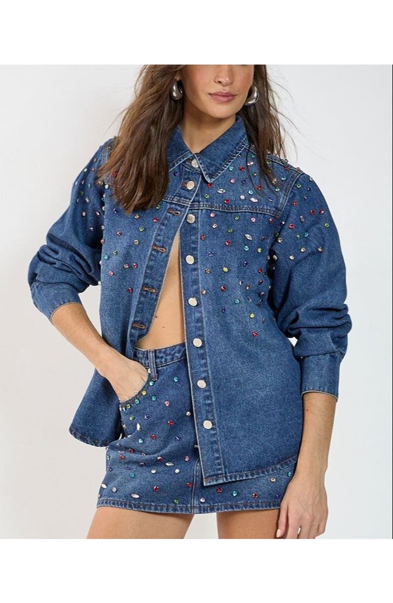 NASTY GAL Denim Embellished Long Sleeve Shirt, Alternate, color, Authentic Midwash