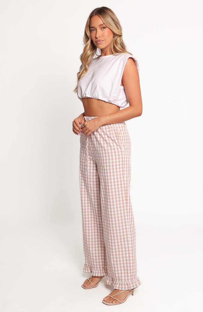 Petal & Pup Marina Gingham Ruffle Hem Cotton Pants, Alternate, color, Beige Gingham