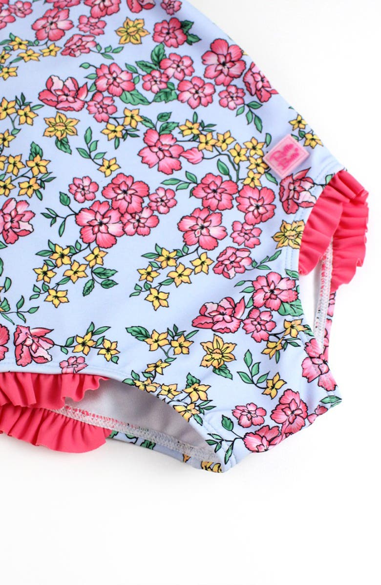 RuffleButts Kids' Cheerful Blossoms Tie Shoulder One-Piece Swimsuit, Alternate, color, Blue/ Pink Multi