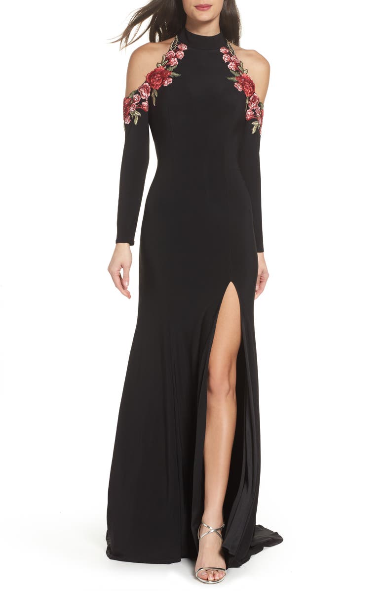 La Femme Cold Shoulder Jersey Gown, Main, color,