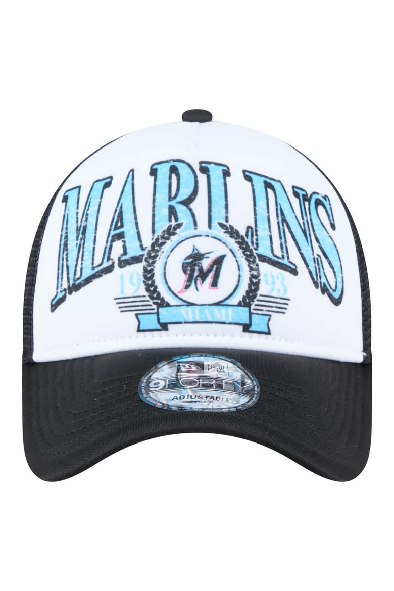 Men's New Era  Black Miami Marlins Distressed 9FORTY A-Frame Adjustable Trucker Hat, Alternate, color, Black