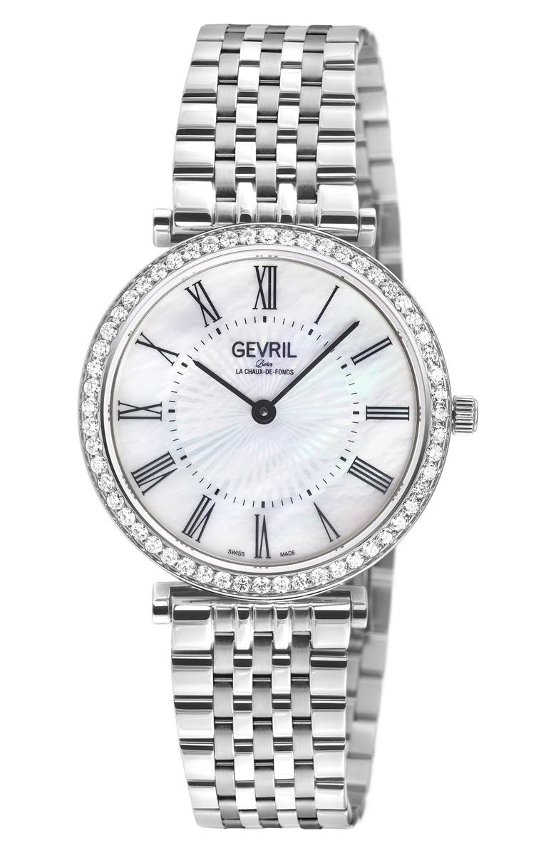 GEVRIL Atelier Diamond Pavé Bracelet Watch, 32mm - 1.0ct, Main, color, Silver/ Yellow Gold