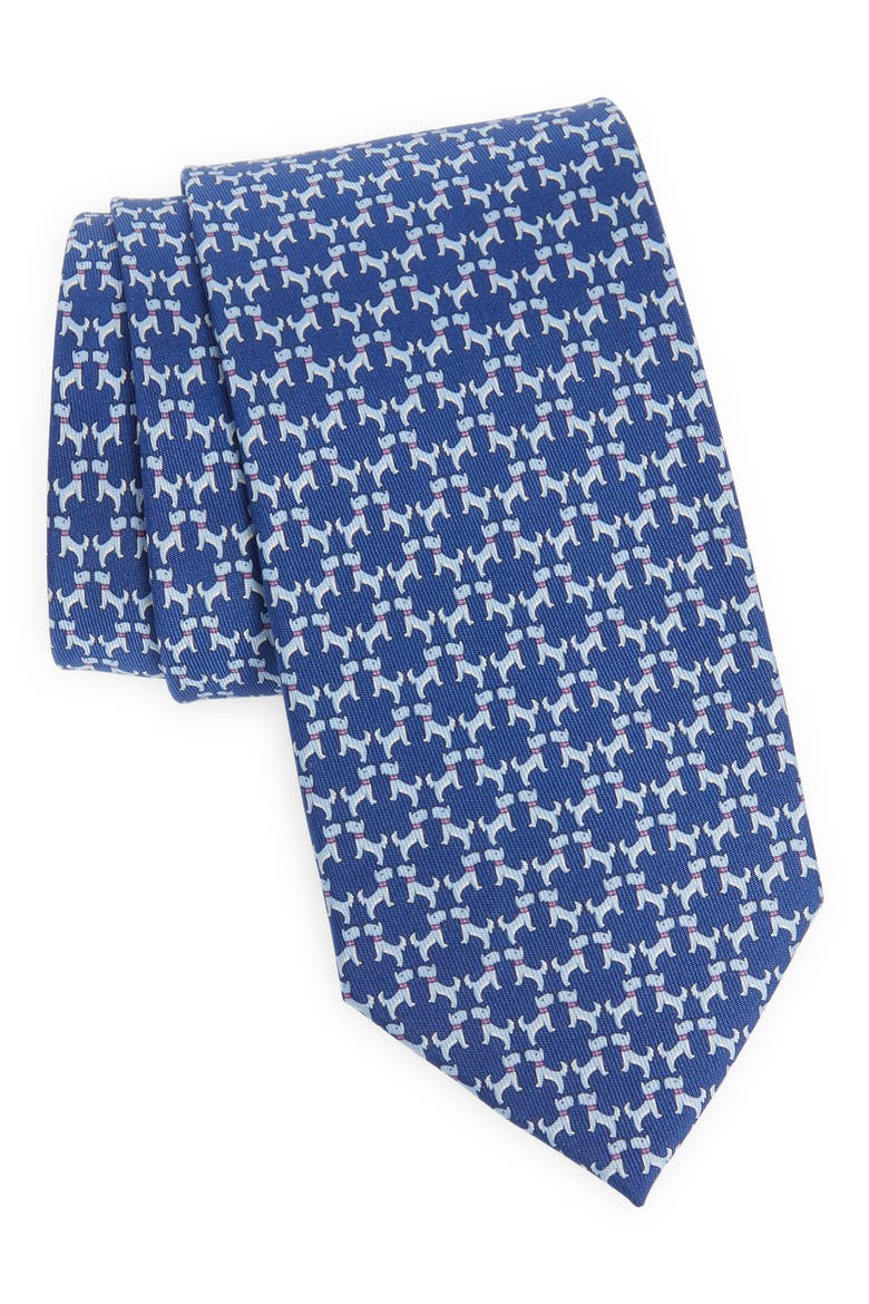 Salvatore Ferragamo Dog Print Silk Tie, Main, color, BLUETTE